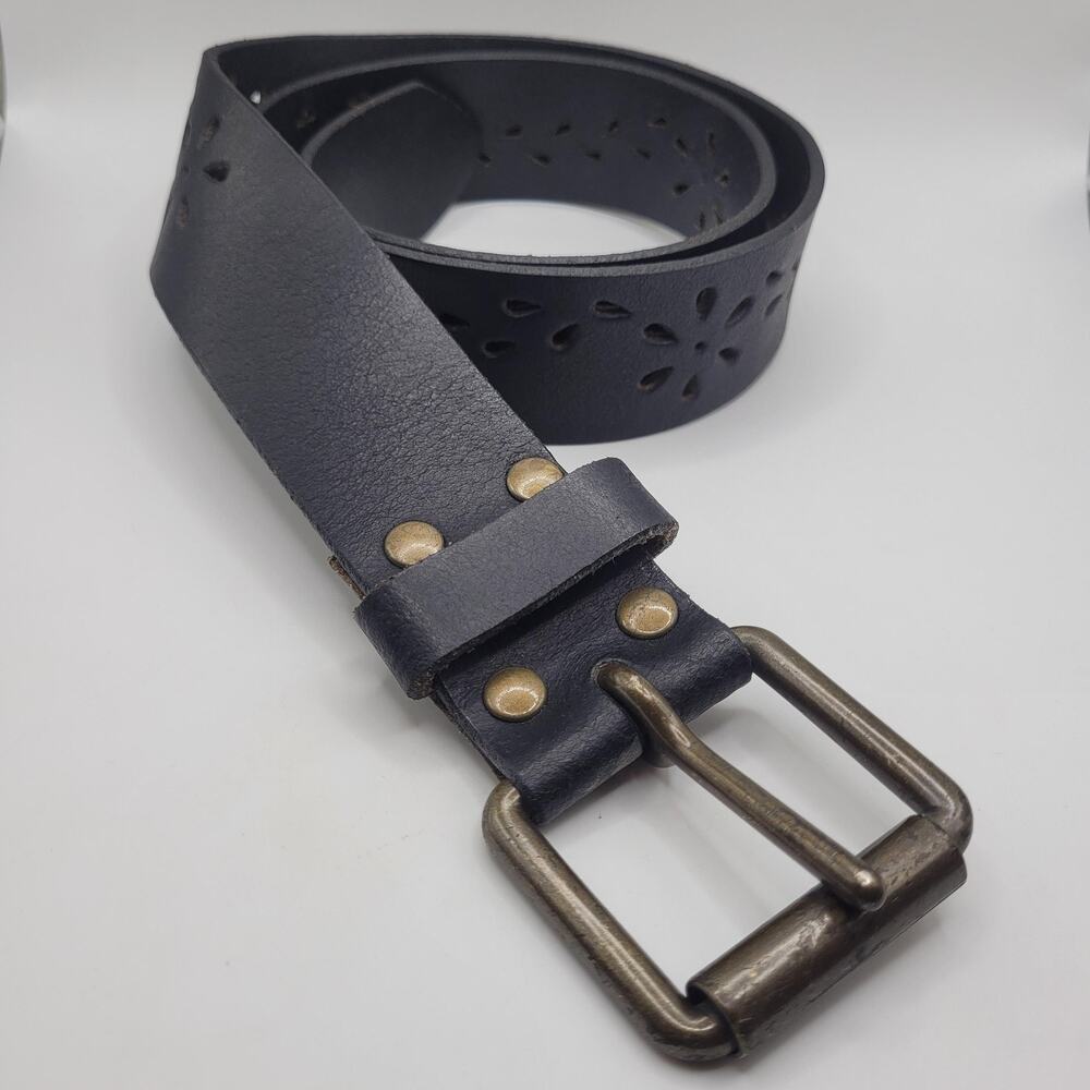 Black Leather Belt Small Floral Laser Cutout Western Cowgirl Boho Indie USA